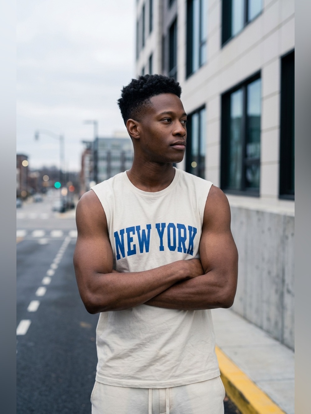 Men’s Sleeveless “New York” Graphic Muscle Tee – Cream/Blue – Size XL NWT